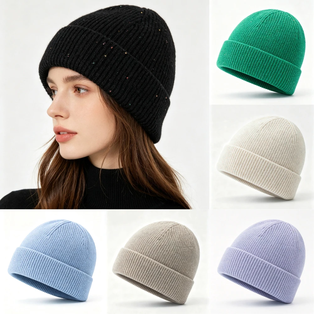 Beanie Cuffed Knit - หมวกบีนนี่ถักลายริบแบบมีขอบสำหรับผู้หญิง ดีไซน์ใหม่ ประดับด้วยกลิตเตอร์ลายจุด หมวกฤดูหนาวสไตล์สตรีทสุดหรู เหมาะสำหรับฤดูใบไม้ร่วงและฤดูหนาว