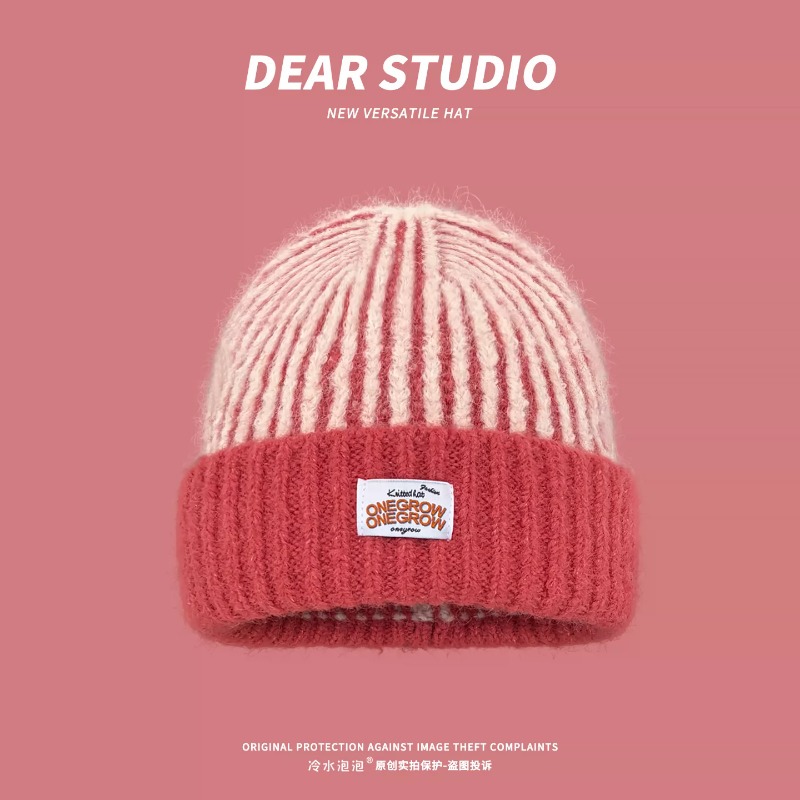Beanie Cuffed Knit - หมวกบีนนี่ถักลายทางสำหรับผู้หญิง นุ่มฟู ผสมผ้า ขอบพับ หมวกกันหนาวอบอุ่น ลายสีบล็อก