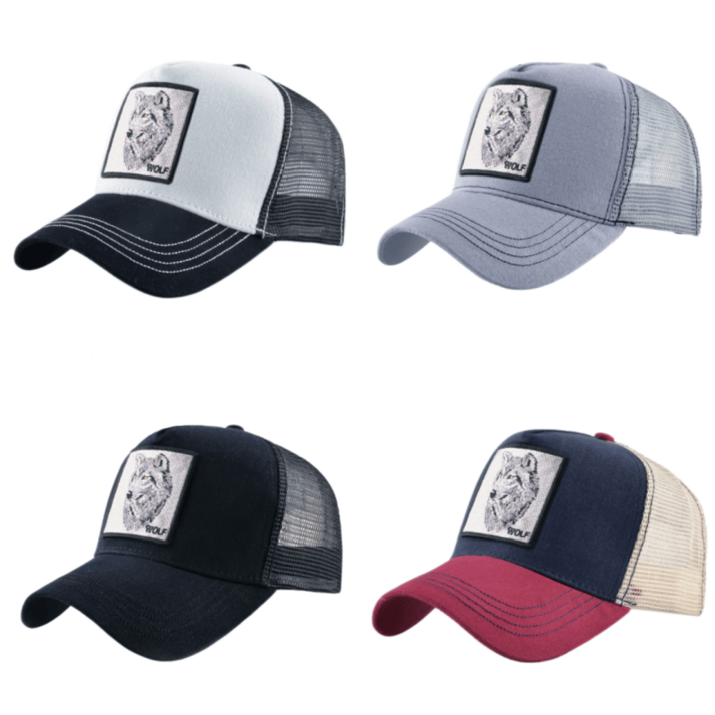 Trucker Cap Mesh - หมวกแก๊ปปักลายหมาป่า ตาข่าย ระบายอากาศ ปรับขนาดได้ แฟชั่นฮิปฮอป สำหรับผู้ชายและผู้หญิง