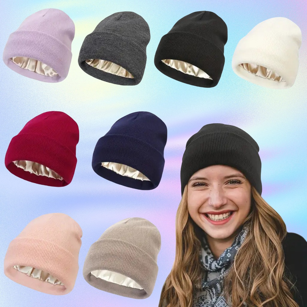 Beanie Cuffed Knit - หมวกบีนนี่แบบยูนิเซ็กซ์บุซาตินป้องกันไฟฟ้าสถิตสำหรับผู้หญิง หมวกไหมบุซับในสำหรับฤดูหนาว ทรงหลวม อุ่นสบาย มีขอบพับ 2