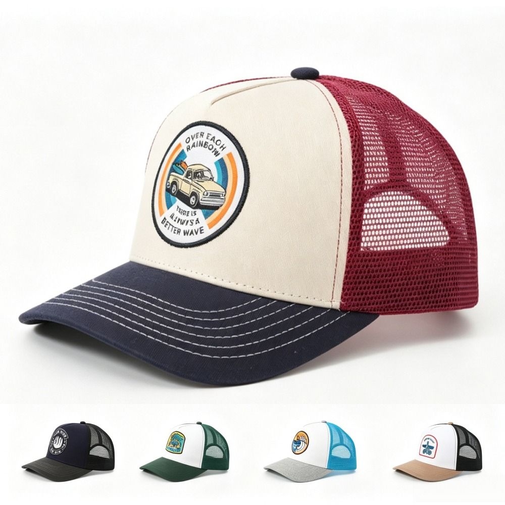 Trucker Cap Mesh - หมวกแก๊ปตาข่ายผ้าฝ้ายสไตล์เรโทร พร้อมแผ่นปักลายรถยนต์ ปรับขนาดได้ หมวกกันแดดสำหรับตกปลา ระบายอากาศได้ดี ป้องกันแสงแดด