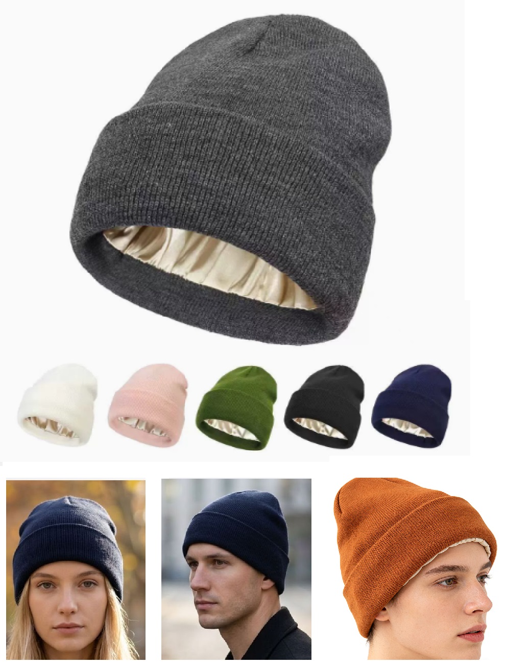 หมวกบีนนี่ถักบุซับในผ้าซาติน ใ - Beanie Cuffed Knit บทวิจารณ์และราคา